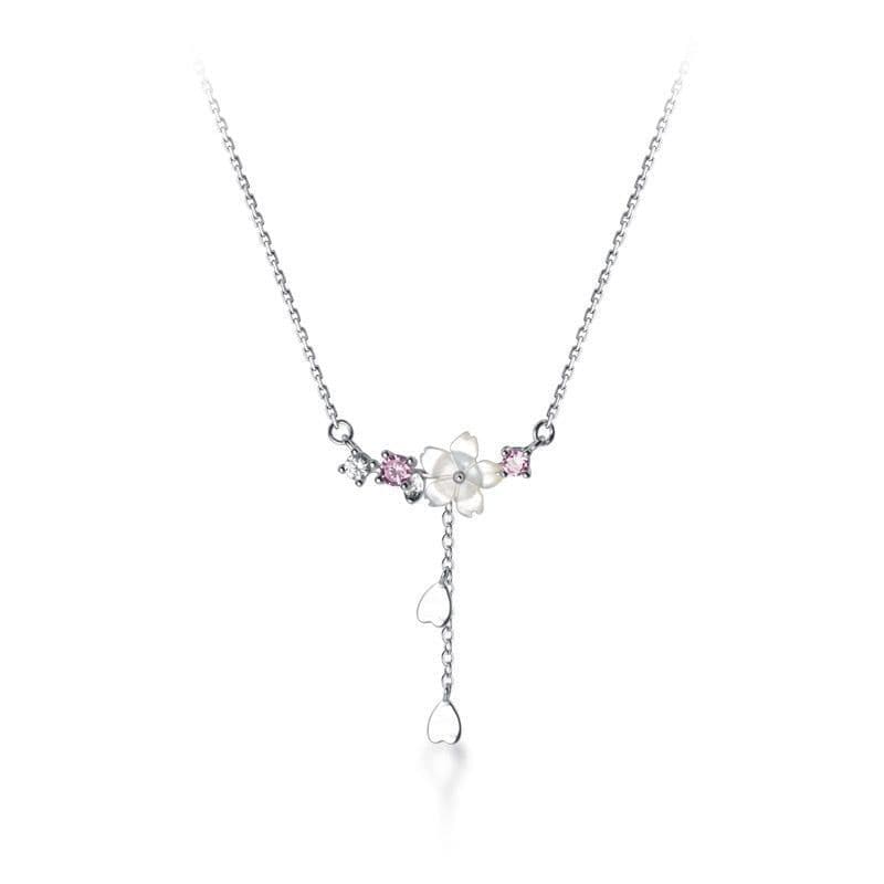 image-S925 Silver Korean Light Luxury Temperament Shell Flower Necklace Female Love Flower Tassel Diamond Clavicle Chain