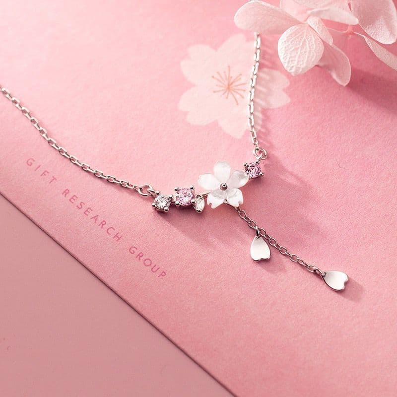 image-S925 Silver Korean Light Luxury Temperament Shell Flower Necklace Female Love Flower Tassel Diamond Clavicle Chain