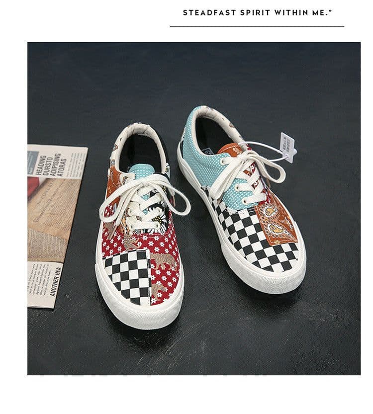 image-2020 autumn new plaid retro color matching shoes men and women low-cut couple shoes net red ins tide canvas shoes