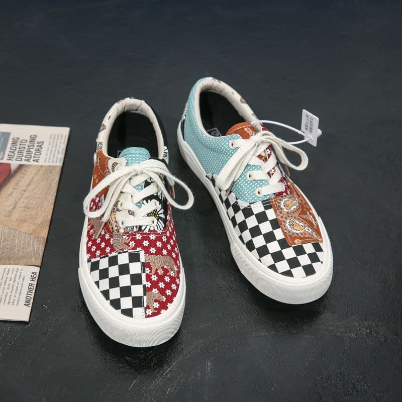 image-2020 autumn new plaid retro color matching shoes men and women low-cut couple shoes net red ins tide canvas shoes