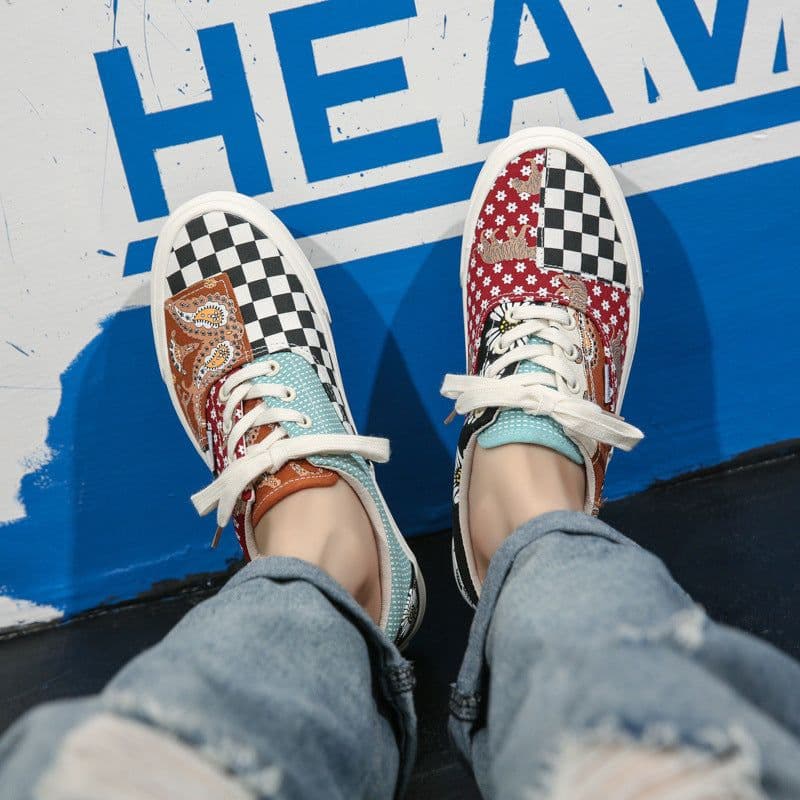 image-2020 autumn new plaid retro color matching shoes men and women low-cut couple shoes net red ins tide canvas shoes
