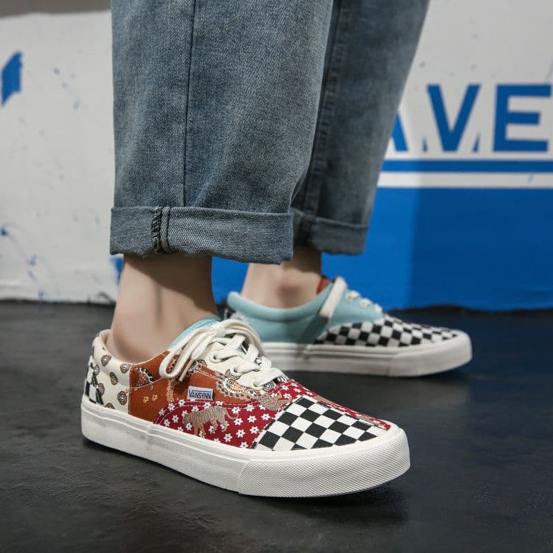 image-2020 autumn new plaid retro color matching shoes men and women low-cut couple shoes net red ins tide canvas shoes