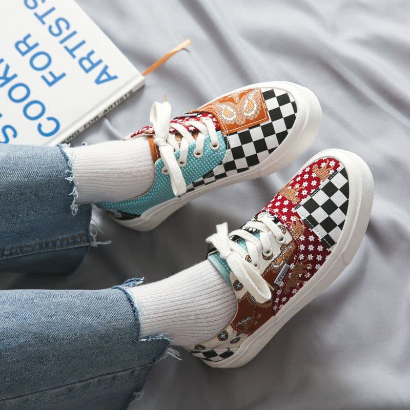 image-2020 autumn new plaid retro color matching shoes men and women low-cut couple shoes net red ins tide canvas shoes
