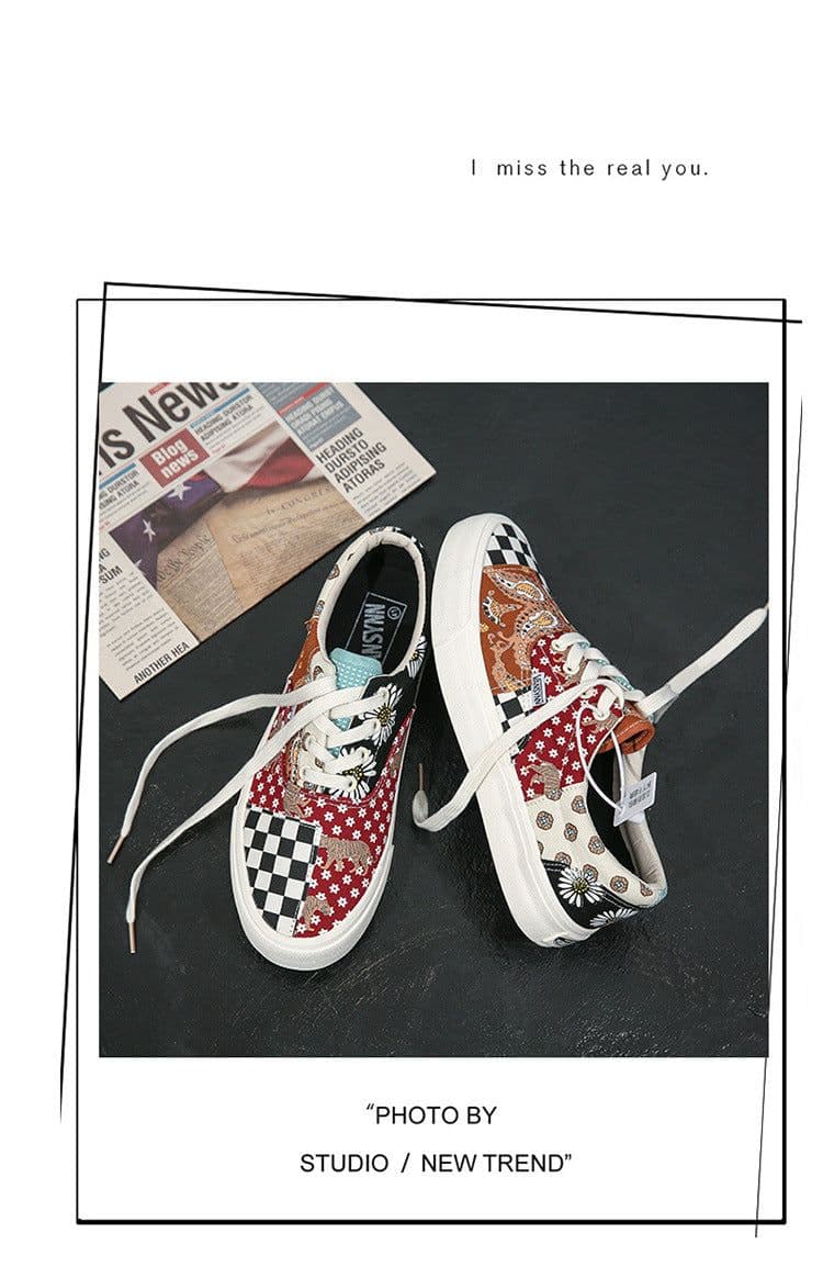 image-2020 autumn new plaid retro color matching shoes men and women low-cut couple shoes net red ins tide canvas shoes