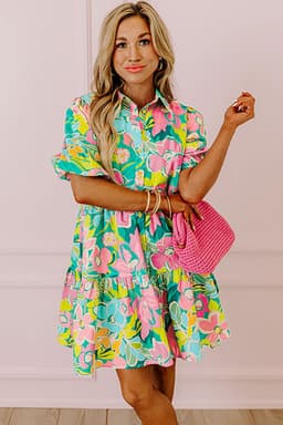 image-Green Floral Puff Sleeve Collar Buttoned Babydoll Dress