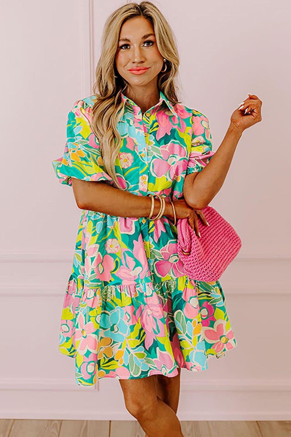 image-Green Floral Puff Sleeve Collar Buttoned Babydoll Dress