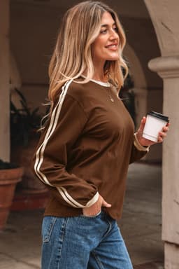 image-Fiery Red Varsity Striped Accent Contrast Crew Neck Long Sleeve T Shirt