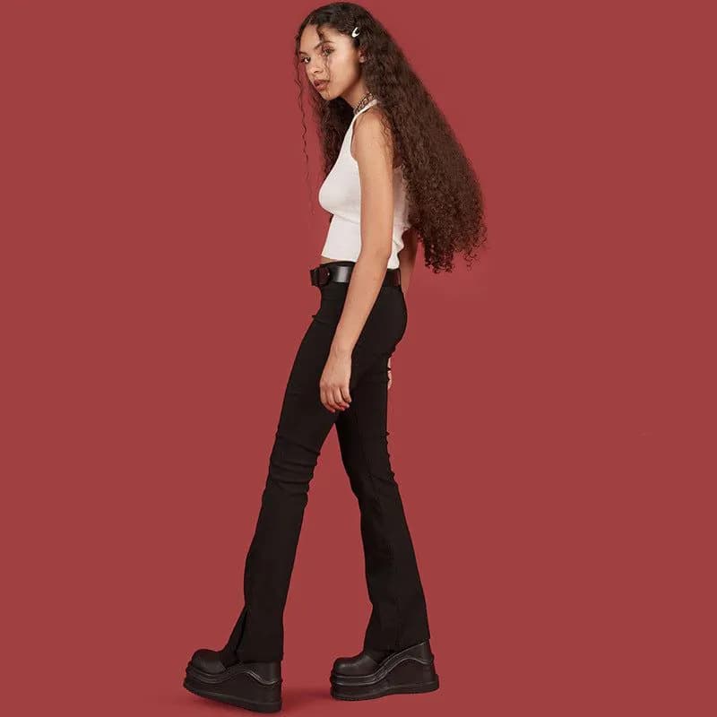 image-European and American women's spring and autumn new style wish hot sale black mid-high waist, long legs, tight-fitting, small slits, casual pants