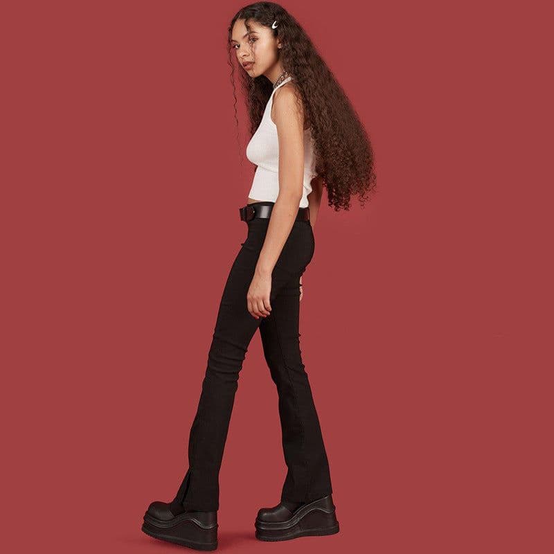 image-European and American women's spring and autumn new style wish hot sale black mid-high waist, long legs, tight-fitting, small slits, casual pants