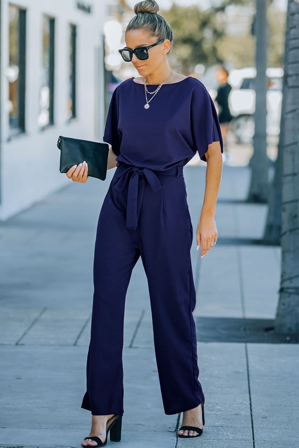 image-Black Belted Wide Leg Jumpsuit