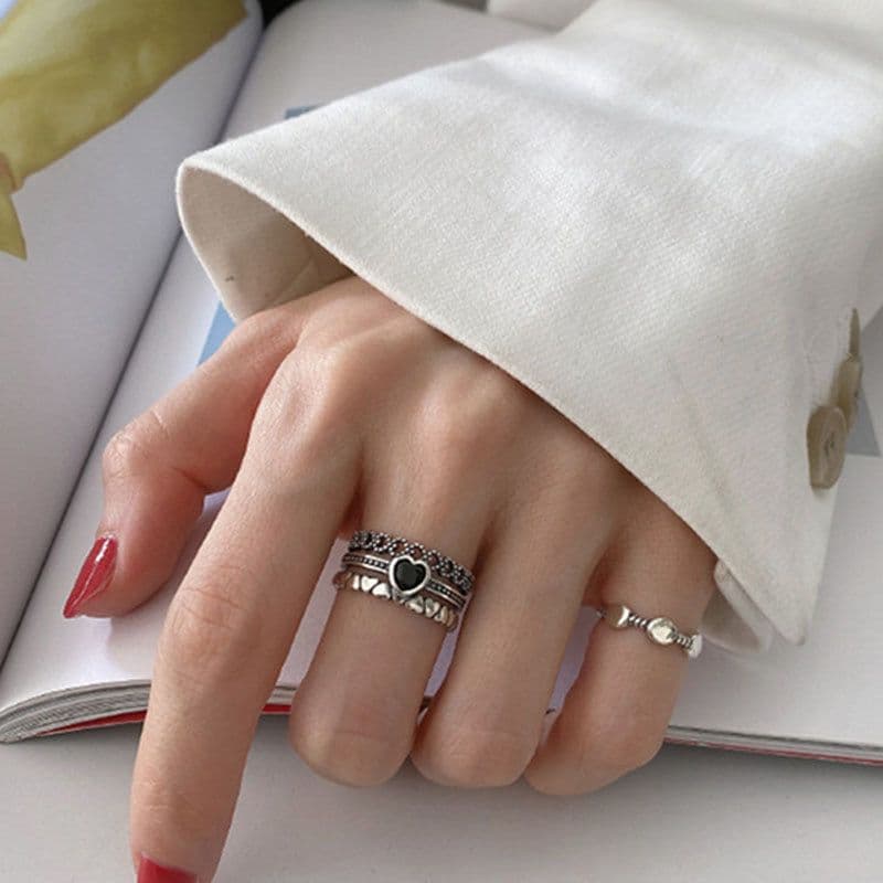 image-s925 silver heart-shaped ring three-layer hollow retro Thai silver ins net red wild open index finger ring ring