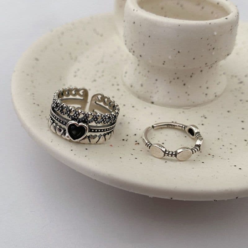 image-s925 silver heart-shaped ring three-layer hollow retro Thai silver ins net red wild open index finger ring ring
