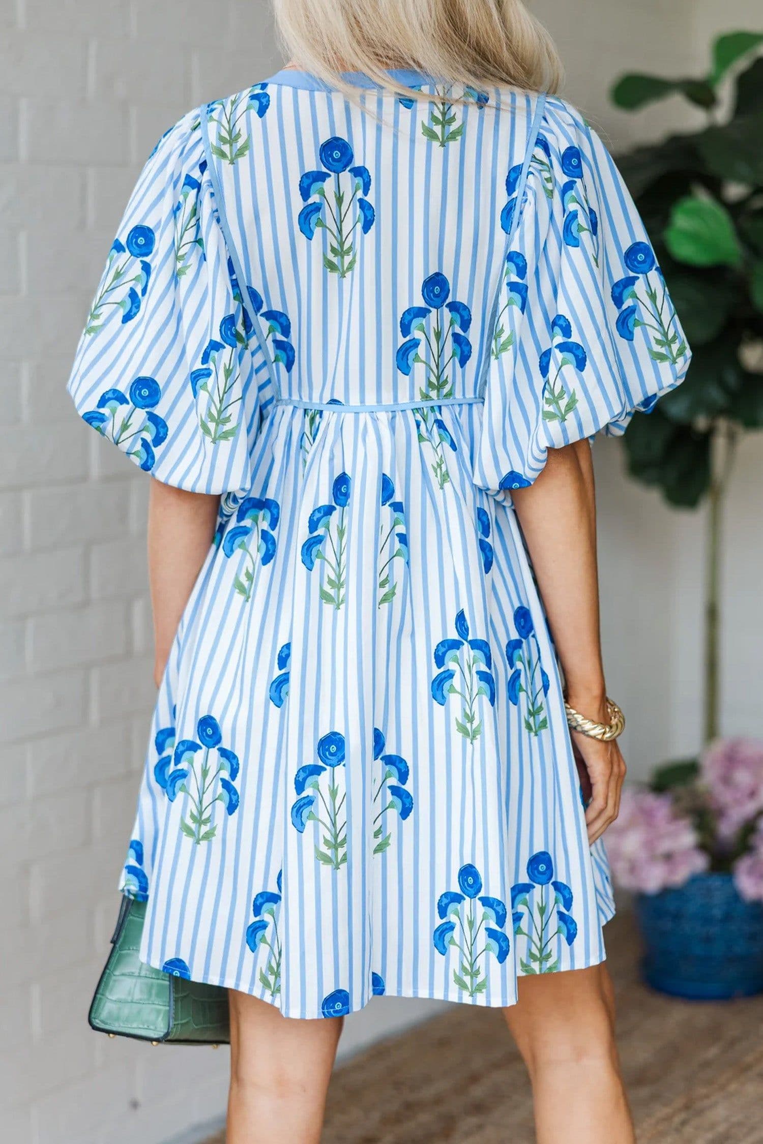image-Sky Blue Floral Striped Print Tie Notched Neck Puff Sleeve Flared Mini Dress