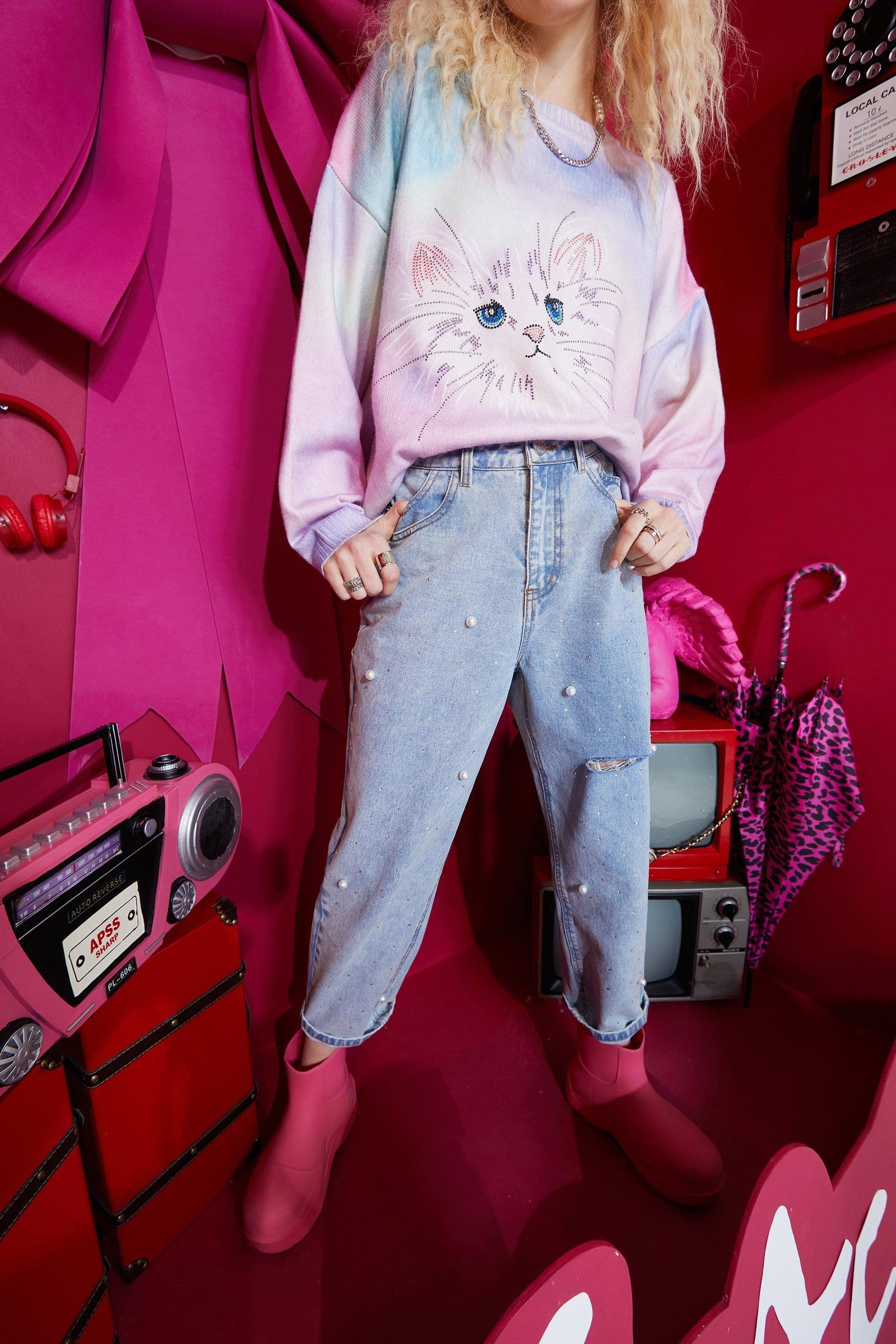 image-Solid High Waist Washed Casual Denim Jeans Woman,Spring ELF Pure