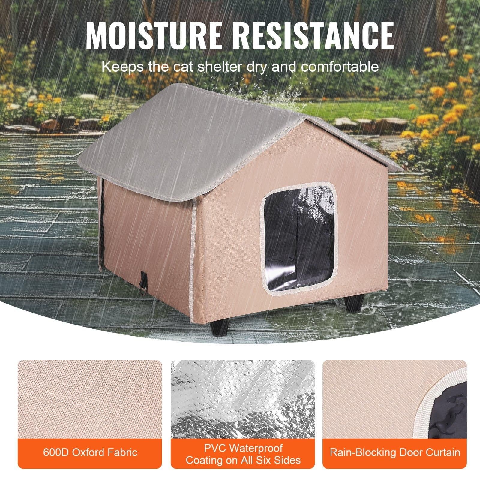 image-VEVOR Elevated Heated Cat House, Outdoor Kitty Shelter with Timer, 600D Oxford Cloth Foldable Cat Shelter with Heated Pad for Winter to Stay Warm and Cozy, Brown (Middle)