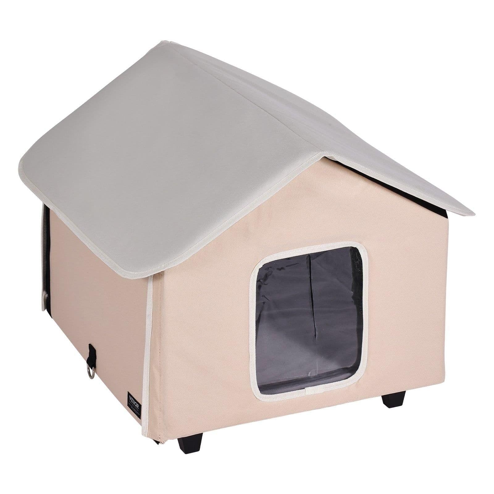 image-VEVOR Elevated Heated Cat House, Outdoor Kitty Shelter with Timer, 600D Oxford Cloth Foldable Cat Shelter with Heated Pad for Winter to Stay Warm and Cozy, Brown (Middle)