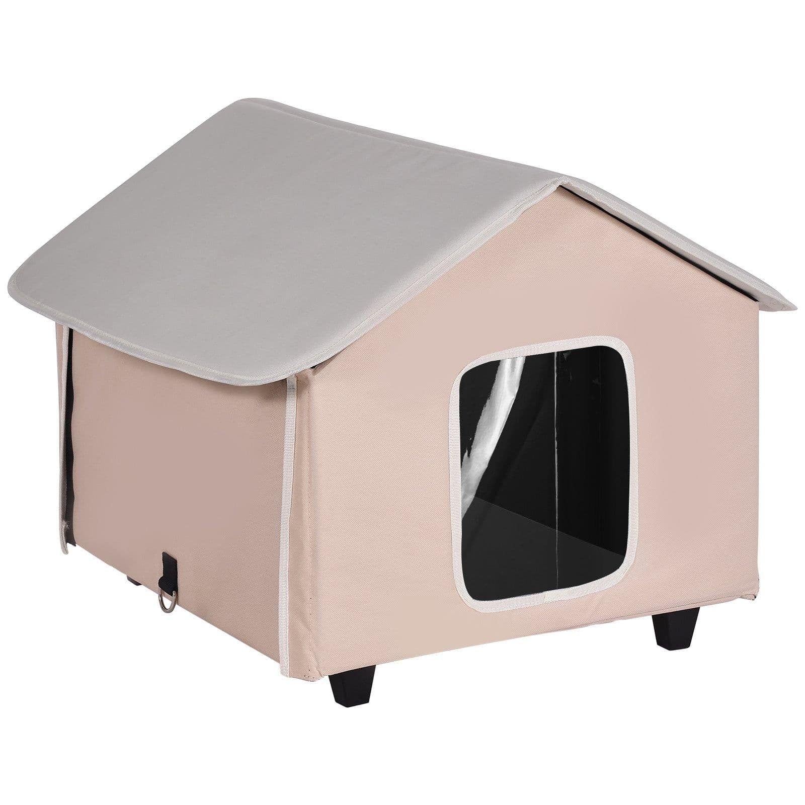 image-VEVOR Elevated Heated Cat House, Outdoor Kitty Shelter with Timer, 600D Oxford Cloth Foldable Cat Shelter with Heated Pad for Winter to Stay Warm and Cozy, Brown (Middle)
