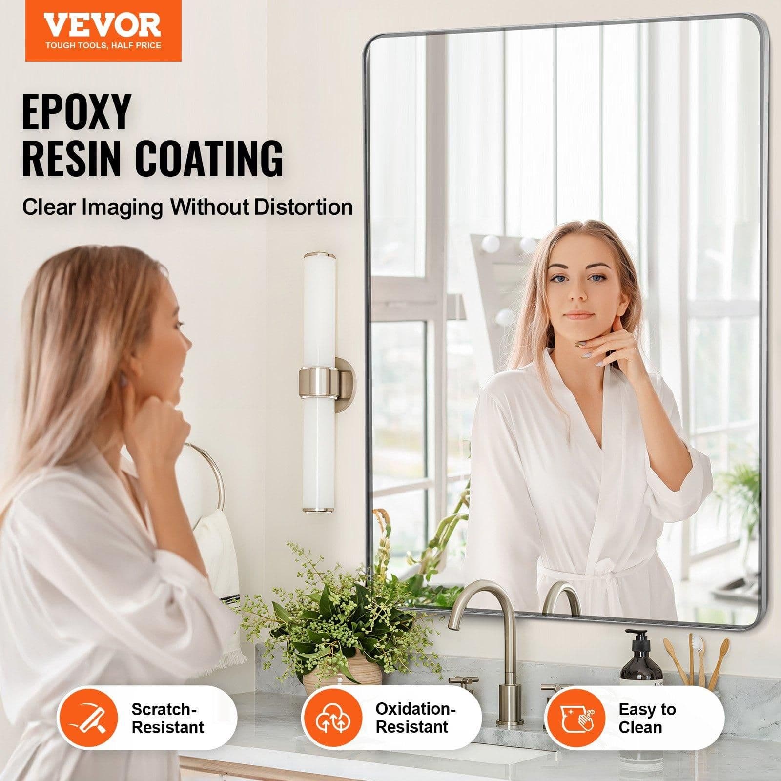 image-VEVOR Wall Mounted Makeup Mirror, 0.15" Thick, 36" x 48" Mirror with Aluminium Alloy Frame & Explosion-Proof Film, Scratch-Resistant Mirror with Z-Shaped Bracket, Fit for Bathroom/Bedroom/Living Room