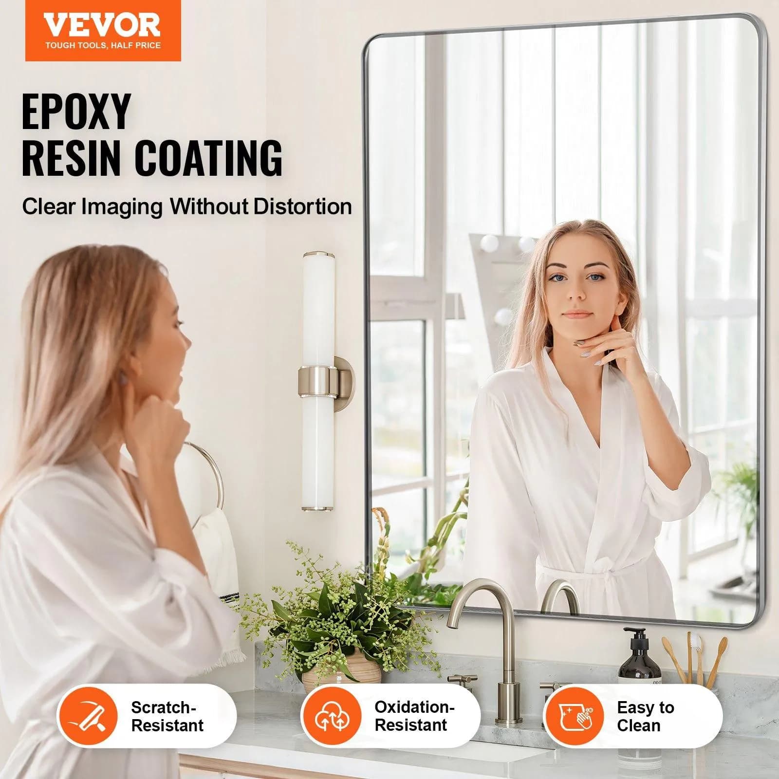 image-VEVOR Wall Mounted Makeup Mirror, 0.15" Thick, 36" x 48" Mirror with Aluminium Alloy Frame & Explosion-Proof Film, Scratch-Resistant Mirror with Z-Shaped Bracket, Fit for Bathroom/Bedroom/Living Room