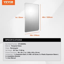 image-VEVOR Wall Mounted Makeup Mirror, 0.15" Thick, 36" x 48" Mirror with Aluminium Alloy Frame & Explosion-Proof Film, Scratch-Resistant Mirror with Z-Shaped Bracket, Fit for Bathroom/Bedroom/Living Room