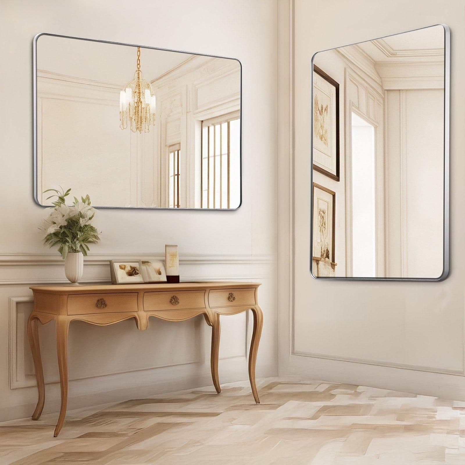 image-VEVOR Wall Mounted Makeup Mirror, 0.15" Thick, 36" x 48" Mirror with Aluminium Alloy Frame & Explosion-Proof Film, Scratch-Resistant Mirror with Z-Shaped Bracket, Fit for Bathroom/Bedroom/Living Room