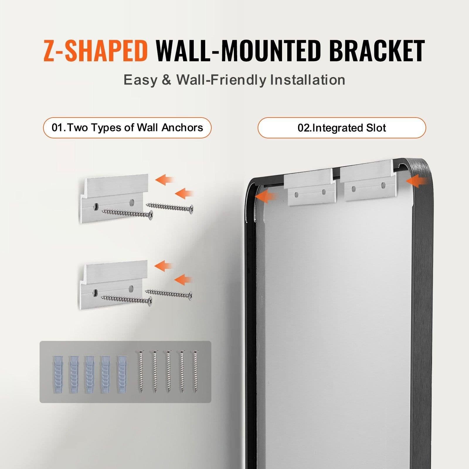 image-VEVOR Wall Mounted Makeup Mirror, 0.15" Thick, 36" x 48" Mirror with Aluminium Alloy Frame & Explosion-Proof Film, Scratch-Resistant Mirror with Z-Shaped Bracket, Fit for Bathroom/Bedroom/Living Room