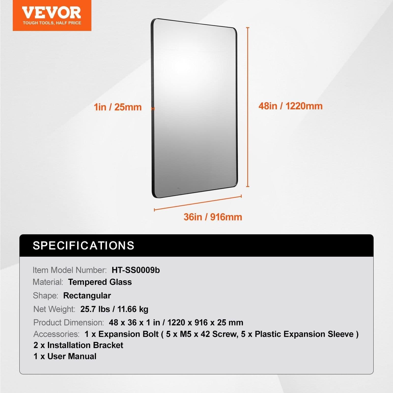 image-VEVOR Wall Mounted Makeup Mirror, 0.15" Thick, 36" x 48" Mirror with Aluminium Alloy Frame & Explosion-Proof Film, Scratch-Resistant Mirror with Z-Shaped Bracket, Fit for Bathroom/Bedroom/Living Room
