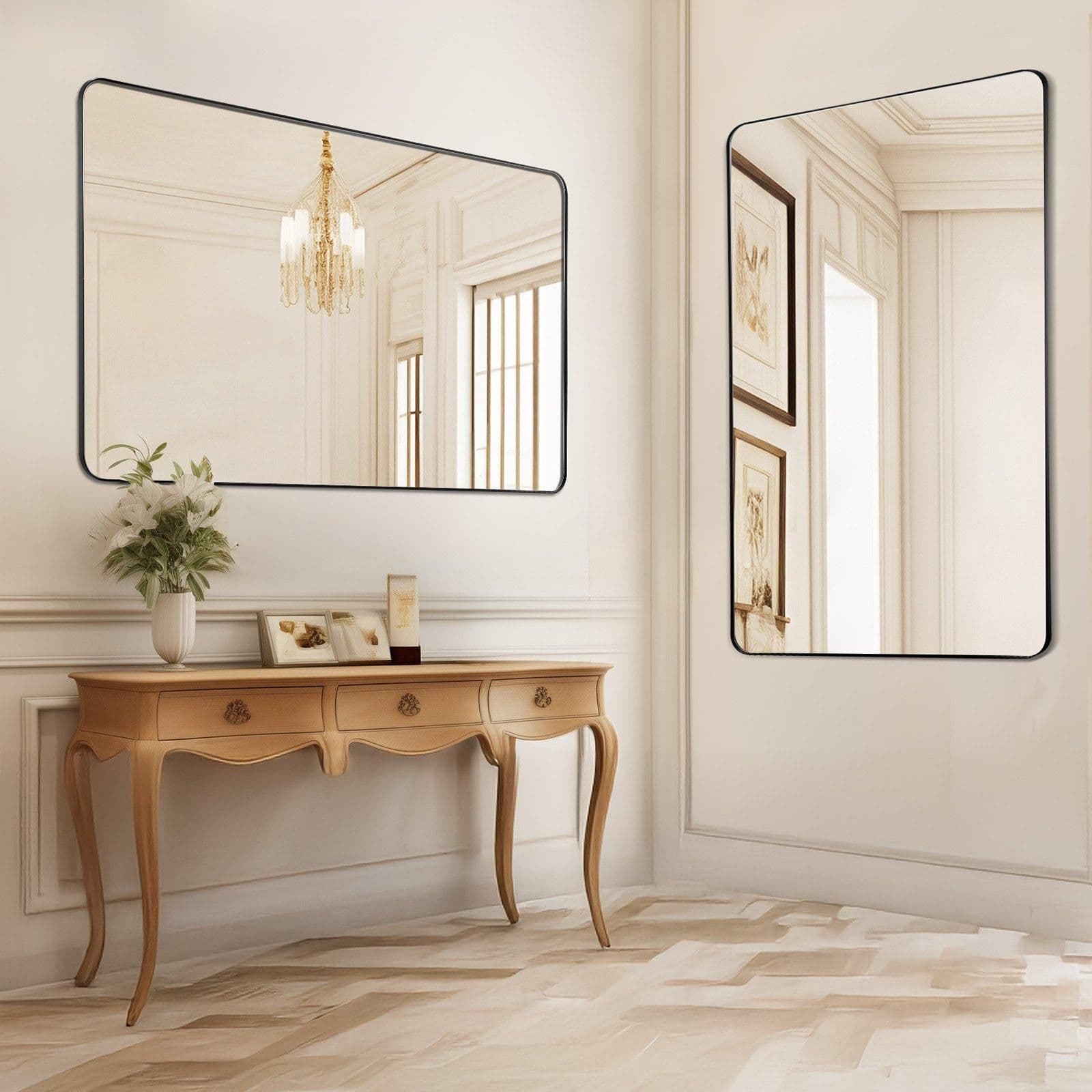 image-VEVOR Wall Mounted Makeup Mirror, 0.15" Thick, 36" x 48" Mirror with Aluminium Alloy Frame & Explosion-Proof Film, Scratch-Resistant Mirror with Z-Shaped Bracket, Fit for Bathroom/Bedroom/Living Room