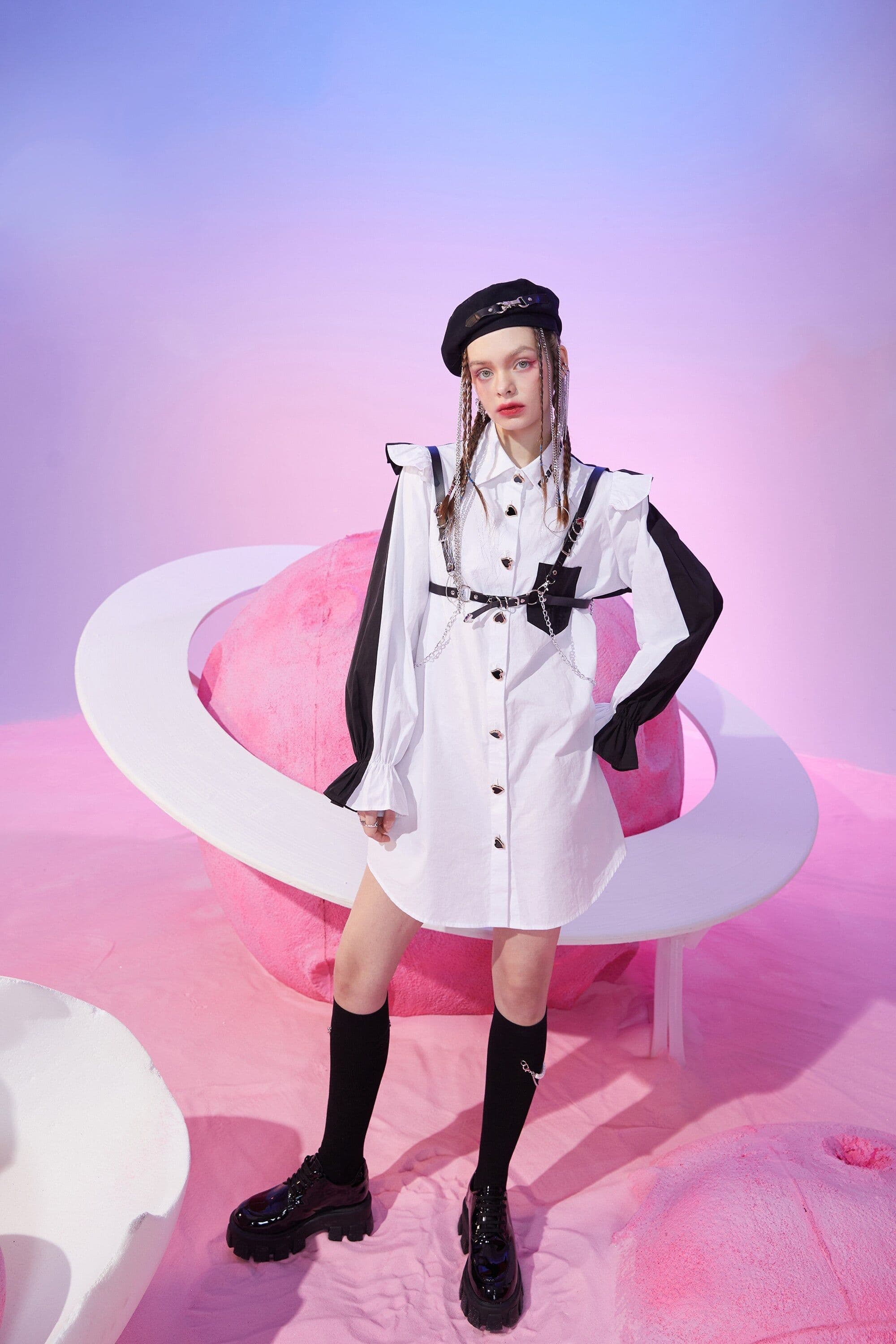 image-Harajuku Cartoon Print High Waist Casual Shirt Dresses Women Spring
