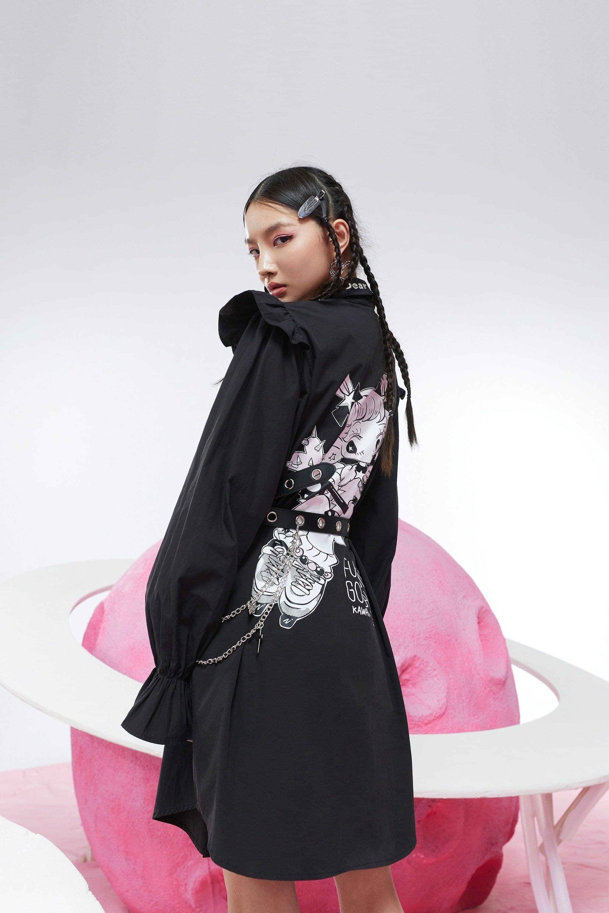 image-Harajuku Cartoon Print High Waist Casual Shirt Dresses Women Spring