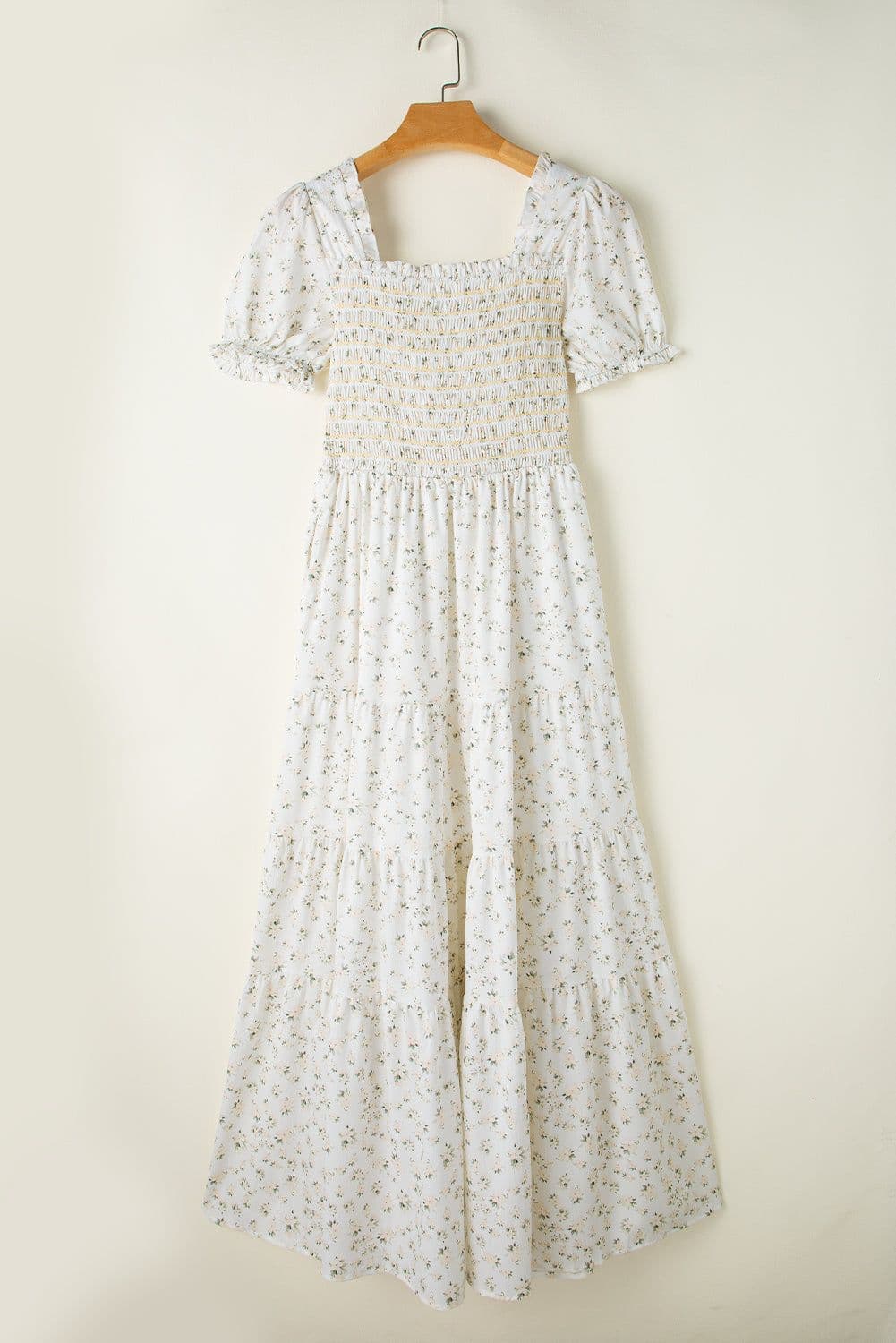 image-White Floral Maxi Dress Shirred Bodice Tiered