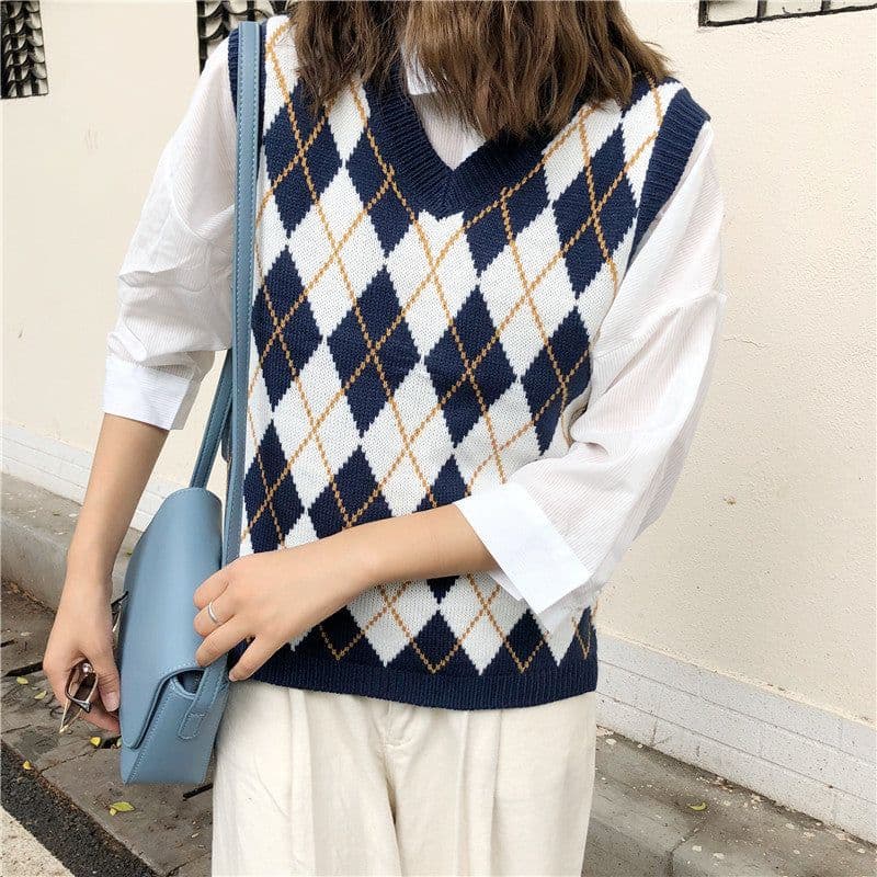 image-2020 autumn cross-border European and American new sexy women's pink plaid knit sweater with sleeveless vest top