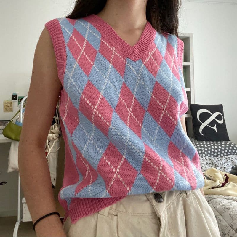 image-2020 autumn cross-border European and American new sexy women's pink plaid knit sweater with sleeveless vest top
