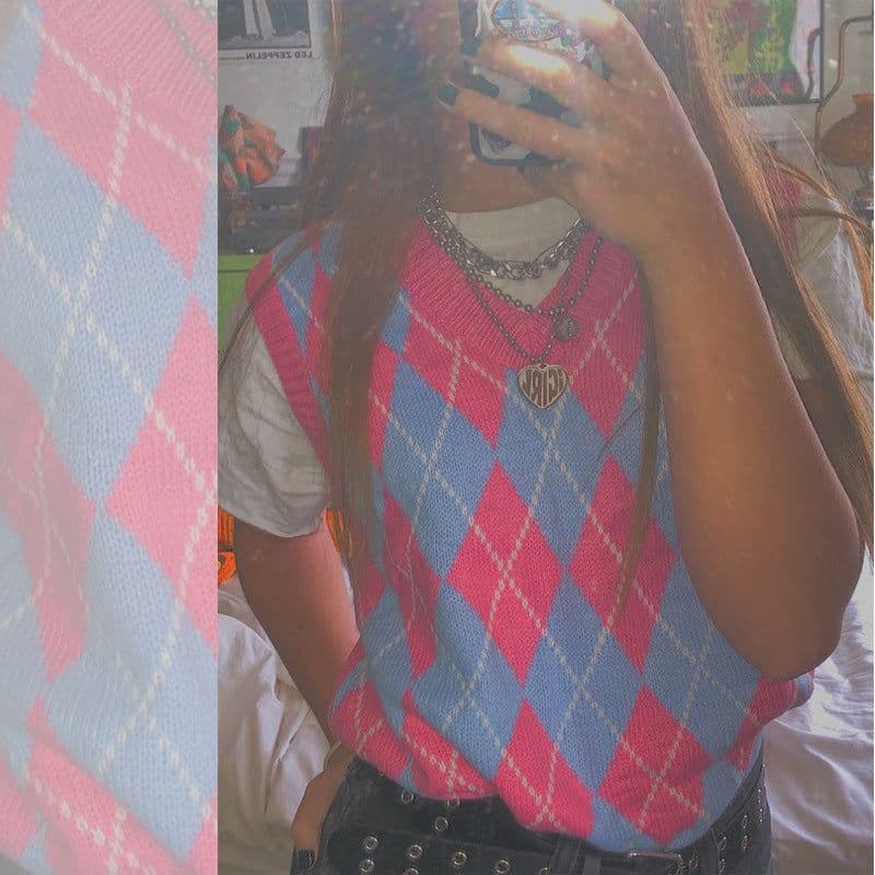 image-2020 autumn cross-border European and American new sexy women's pink plaid knit sweater with sleeveless vest top
