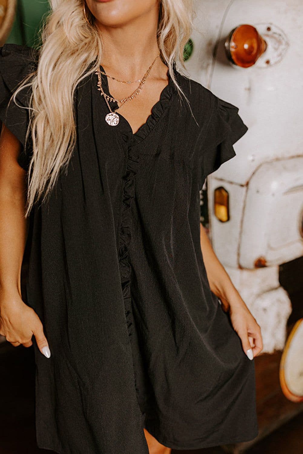 image-Black Ruffle Sleeve V Neck Frilled Shift Dress