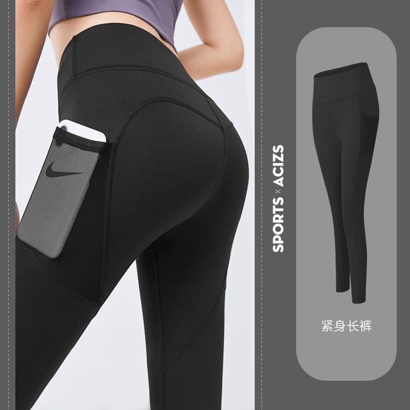 image-Yoga pants women's tight-fitting hip leggings quick-drying high-waist stretch mesh side pockets running sports fitness pants