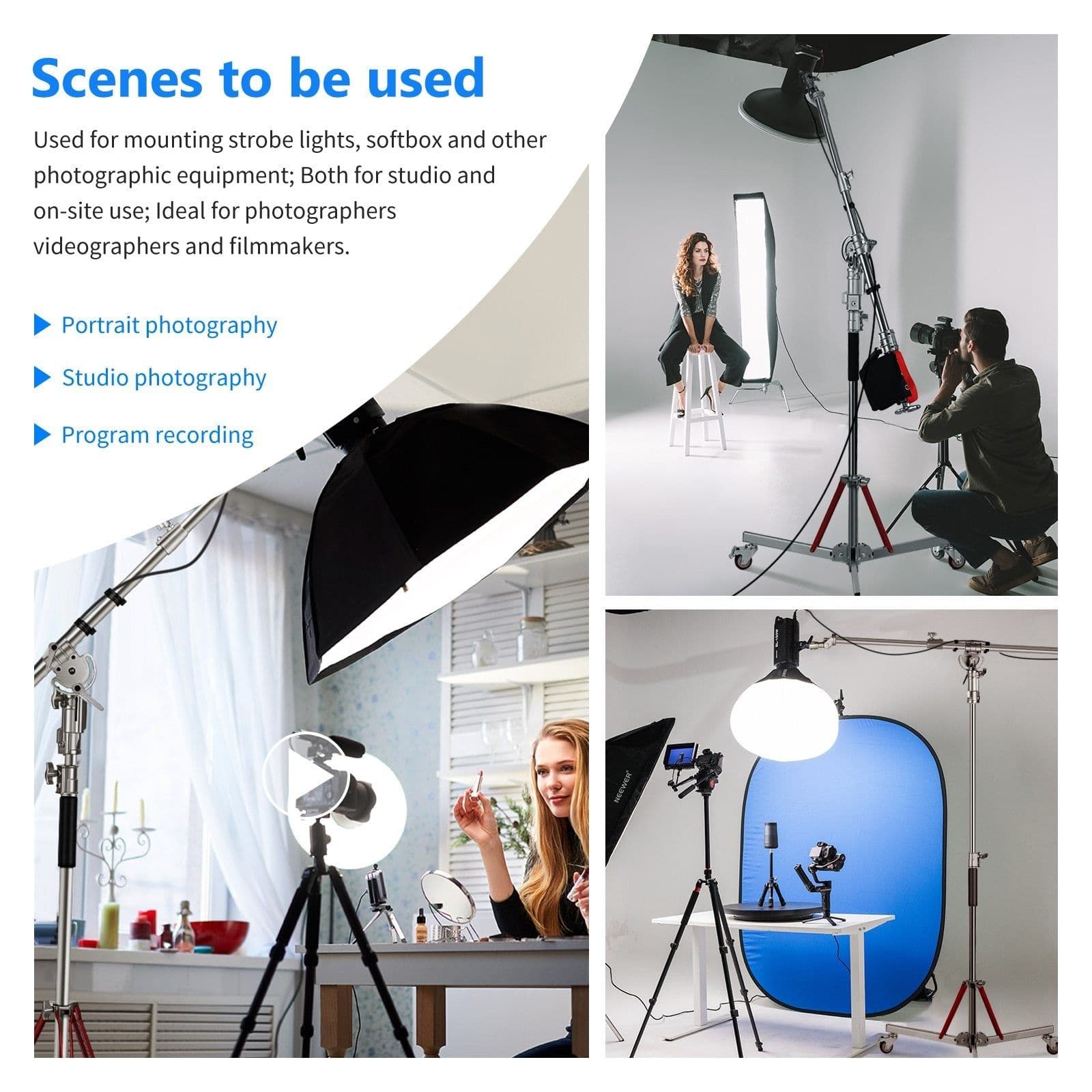 image-Heavy Duty Light Stand with Casters and Pro Boom Arm, Stainless Steel