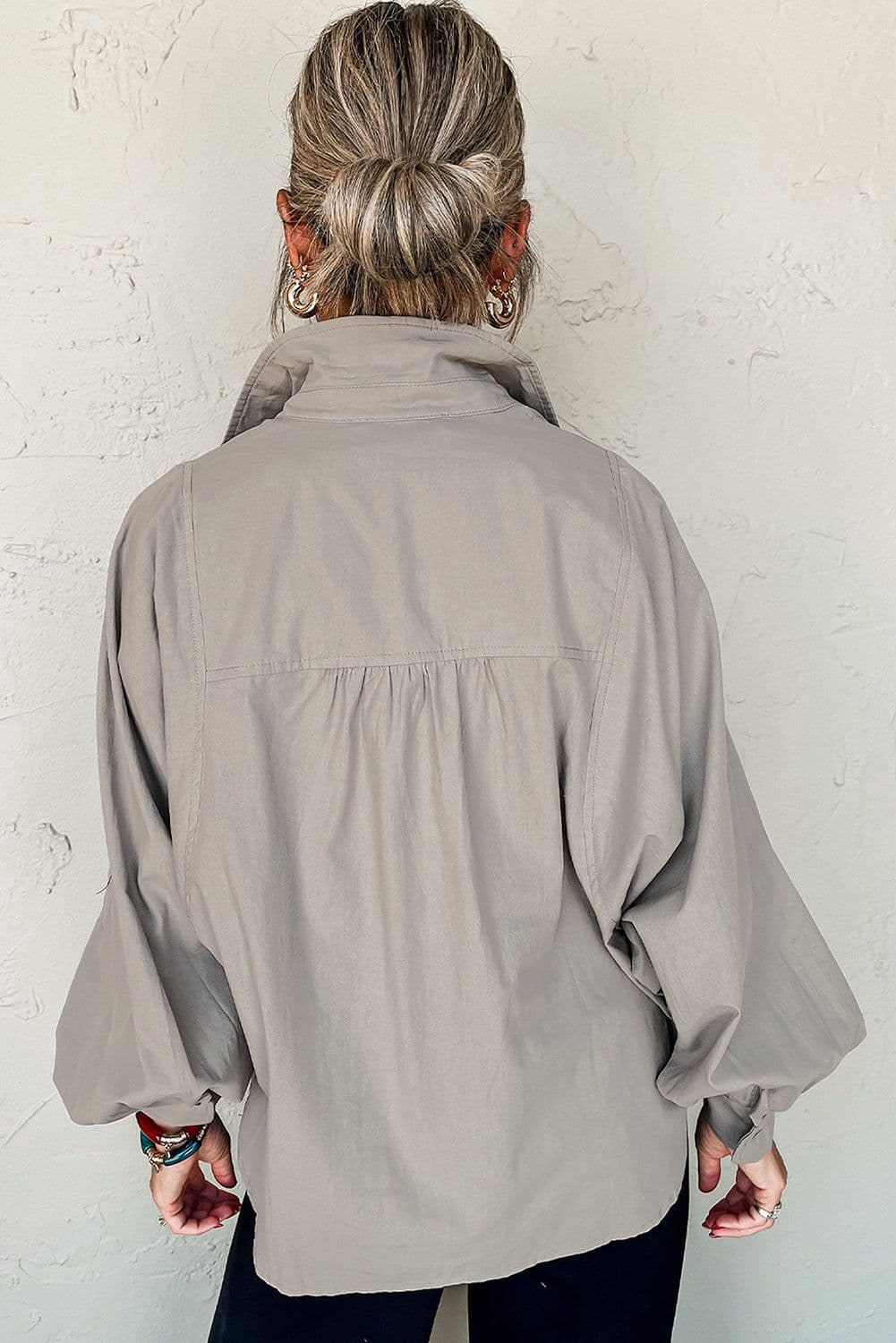 image-High Solid Color Balloon Sleeve Side Slits Loose Fit Shirt
