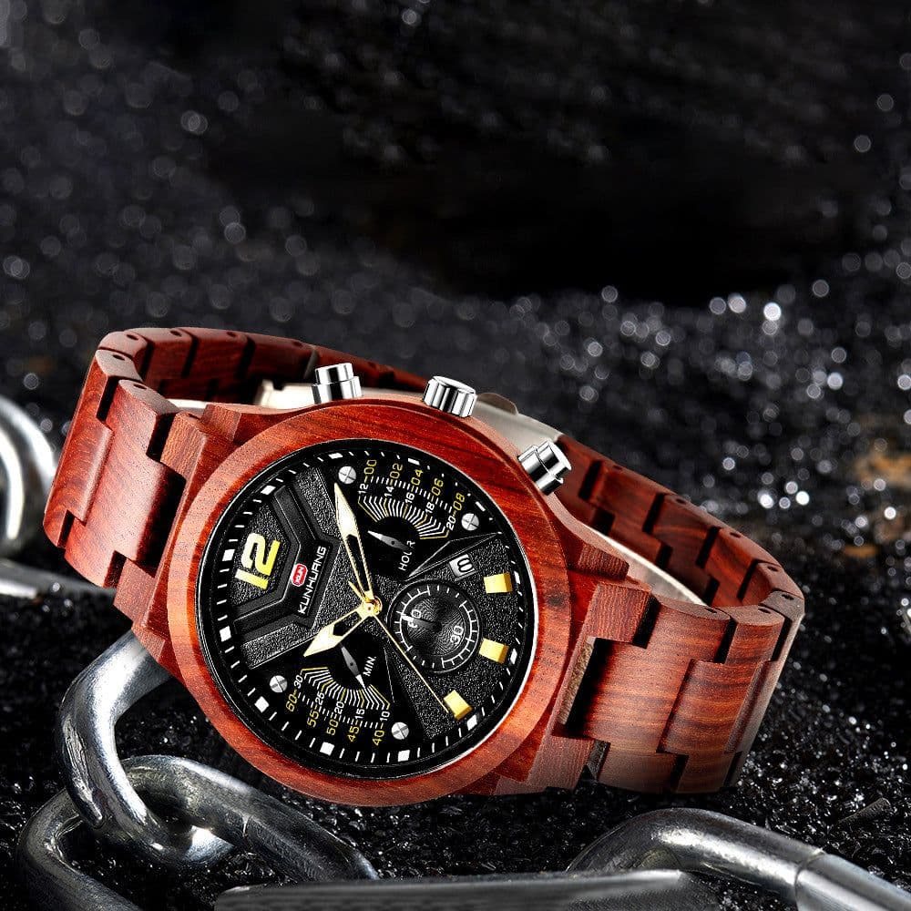 image-Overseas exclusively for Kunhuang new men's watch multi-function chronograph fashion sports quartz wood watch woodwatch