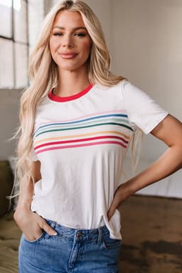 image-White Rainbow Stripe Crewneck T-Shirt