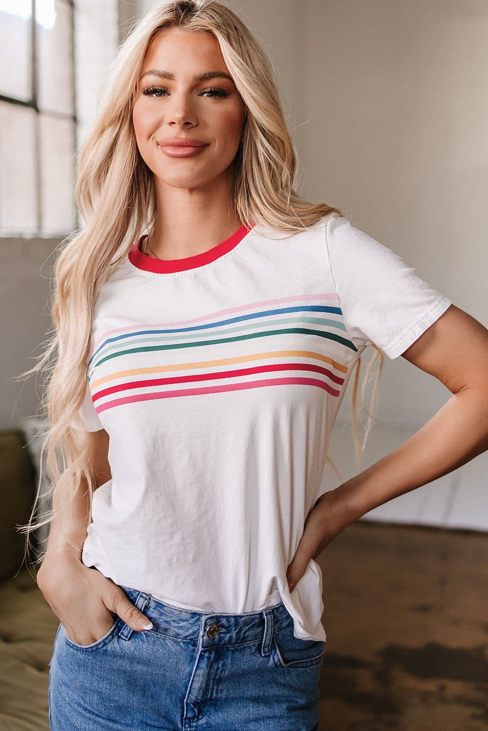 image-White Rainbow Stripe Crewneck T-Shirt
