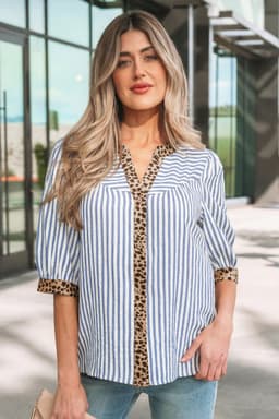 image-Sky Blue Stripe Shirt - Leopard Trim V Neck