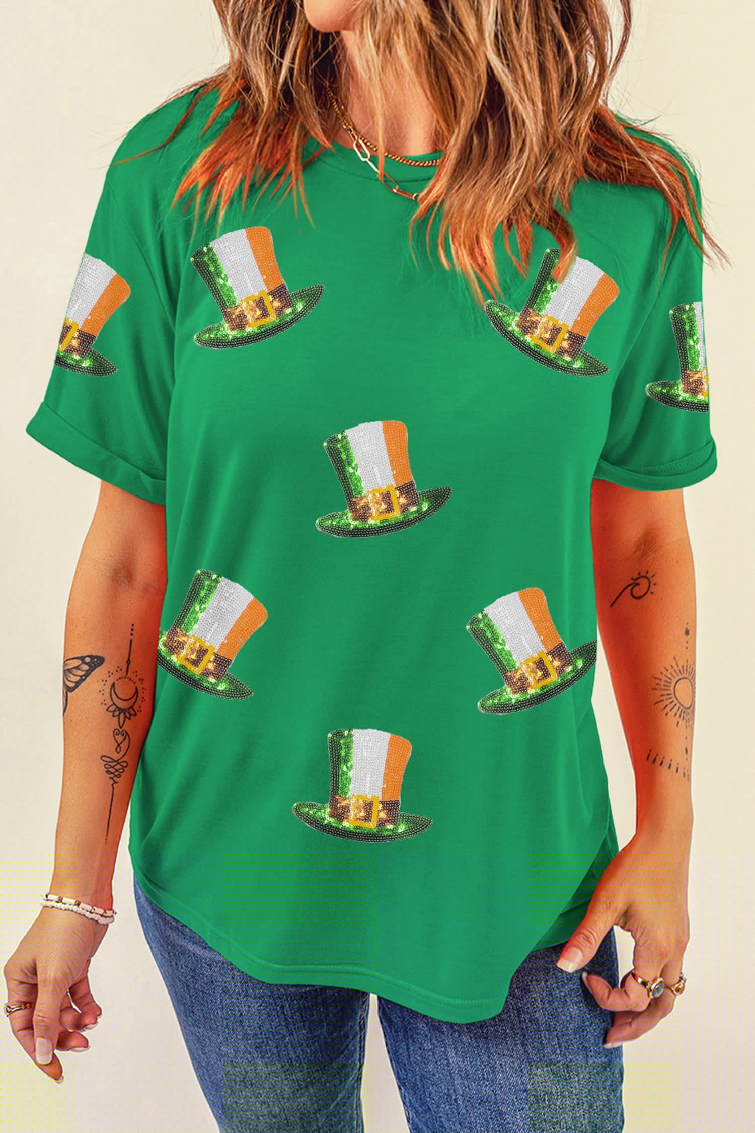 image-Bright Green Sequin St Patricks Day Hat Relaxed T Shirt