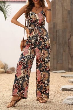 image-Black Floral Print Belted Sleeveless Wide Leg Jumpsuit