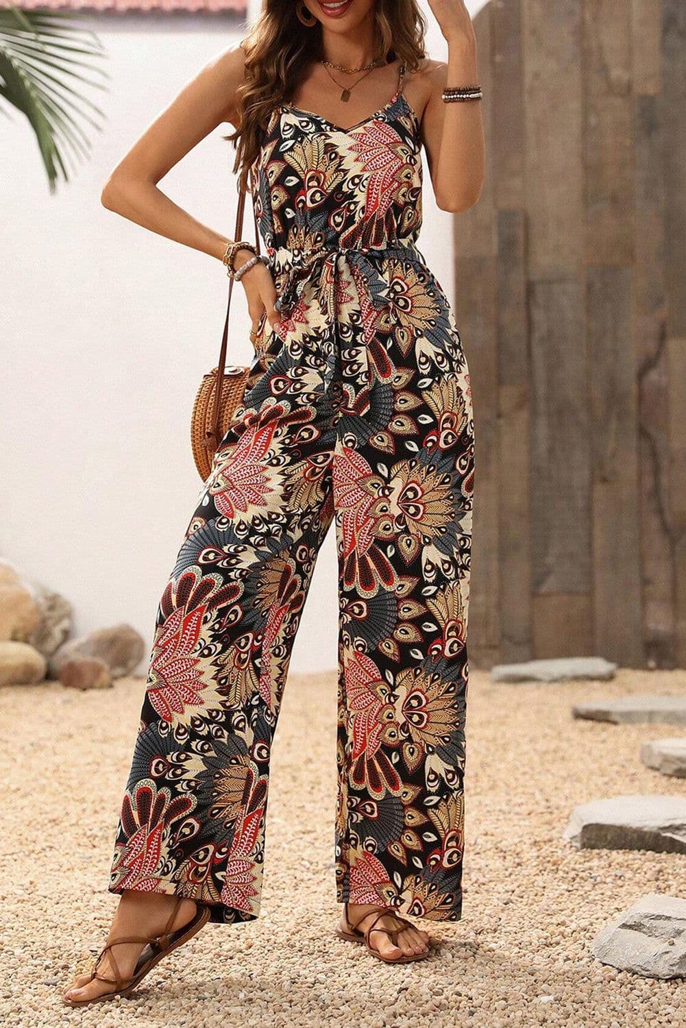 image-Black Floral Print Belted Sleeveless Wide Leg Jumpsuit