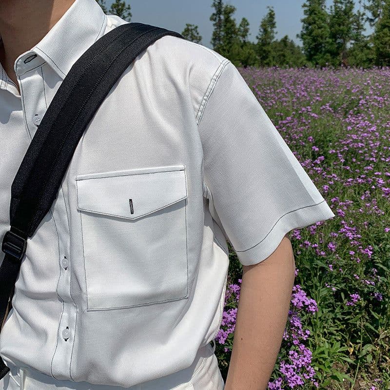 image-2020 summer short-sleeved shirt men's Korean white line handsome casual shirt Japanese all-match thin Hong Kong style top