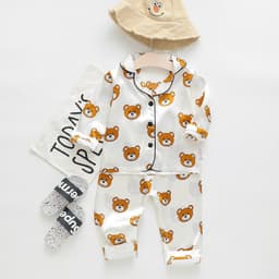 image-Children's long-sleeved lapel pajamas two-piece suit spring and autumn cartoon bear long-sleeved tops pants pajamas suit tide