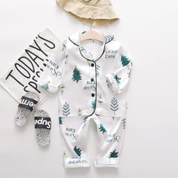 image-Children's long-sleeved lapel pajamas two-piece suit spring and autumn cartoon bear long-sleeved tops pants pajamas suit tide