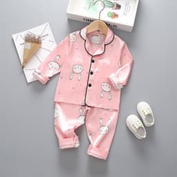 image-Children's long-sleeved lapel pajamas two-piece suit spring and autumn cartoon bear long-sleeved tops pants pajamas suit tide