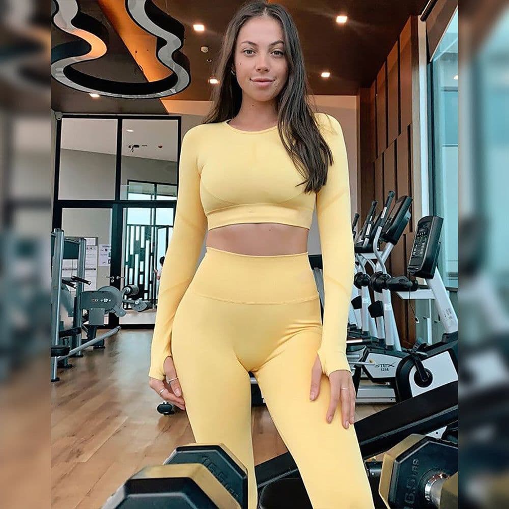 image-Cross-border European and American seamless knitted solid color full brocade round neck tight-fitting navel long-sleeved fitness sports yoga pants suit